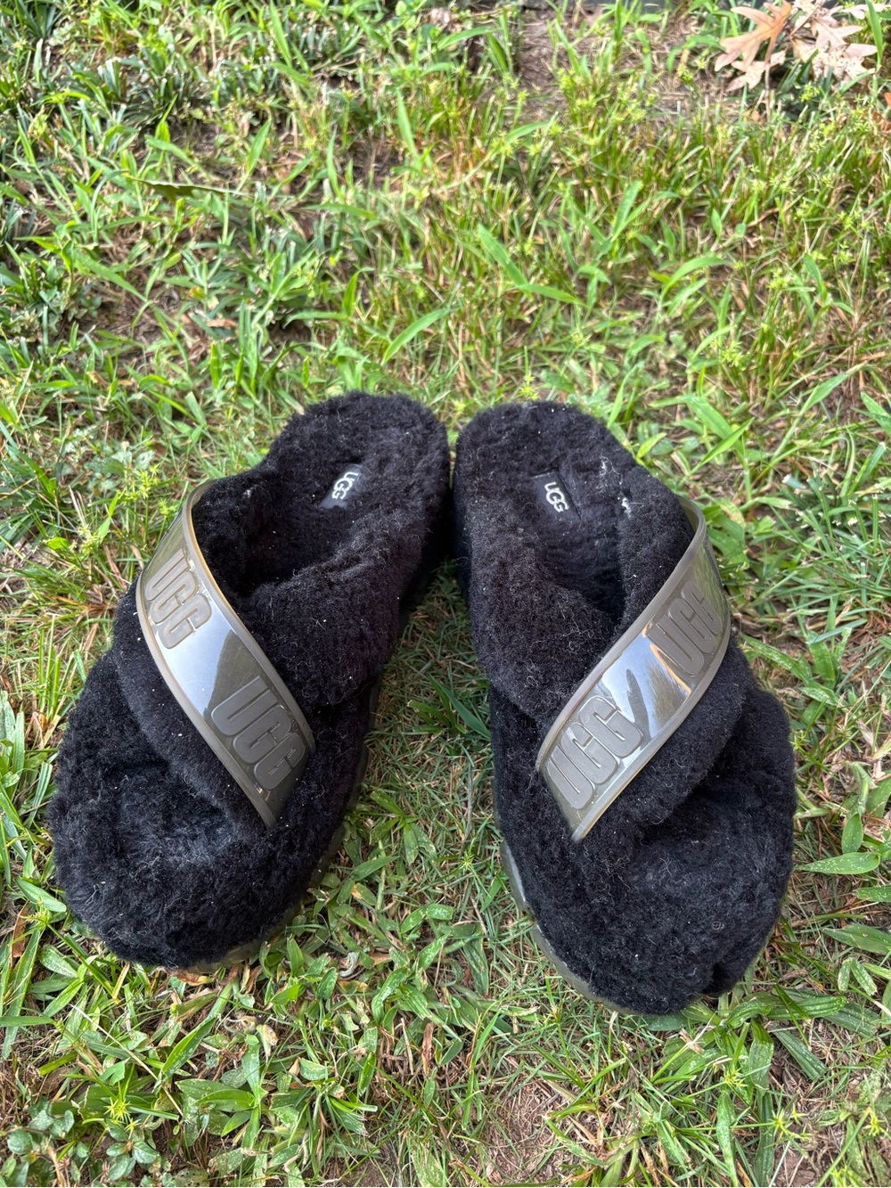 UGG Black Fuzzette Shearling Slide Sandals